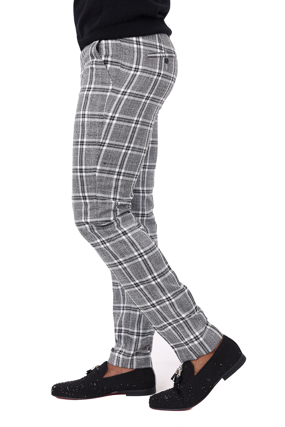 Barabas Men's Printed Checkered  Plaid Design Chino Pants  2CP187 Grey Silver