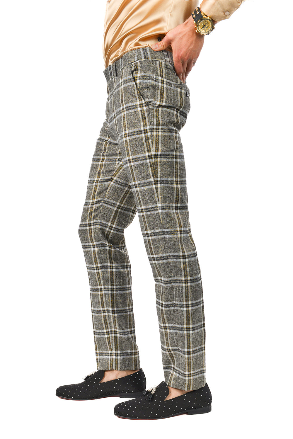 Barabas Men's Printed Checkered  Plaid Design Chino Pants  2CP187 Grey Gold