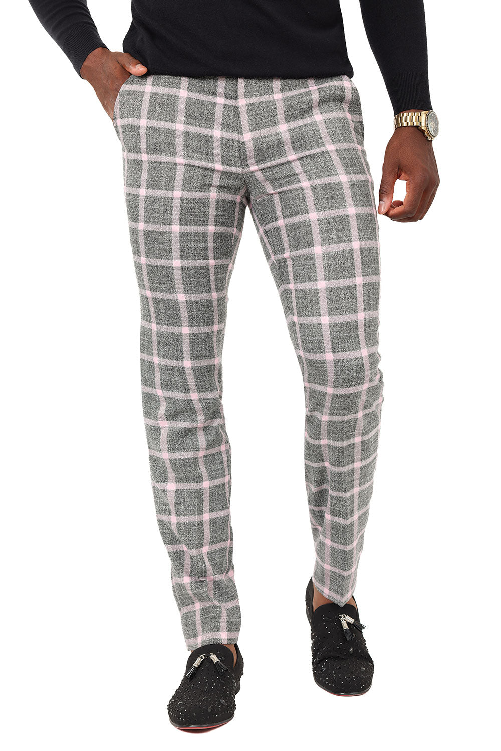 Barabas Men's Printed Checkered Plaid Design Chino Pants 2CP190 Grey Pink