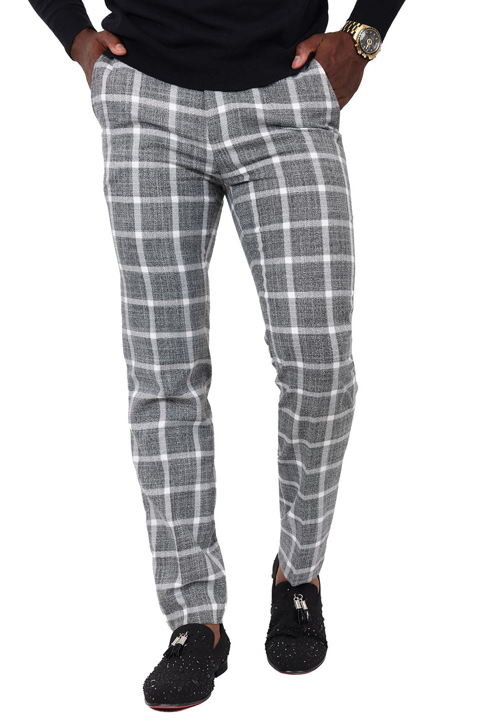 Barabas Men's Printed Checkered Plaid Design Chino Pants 2CP190 Grey White