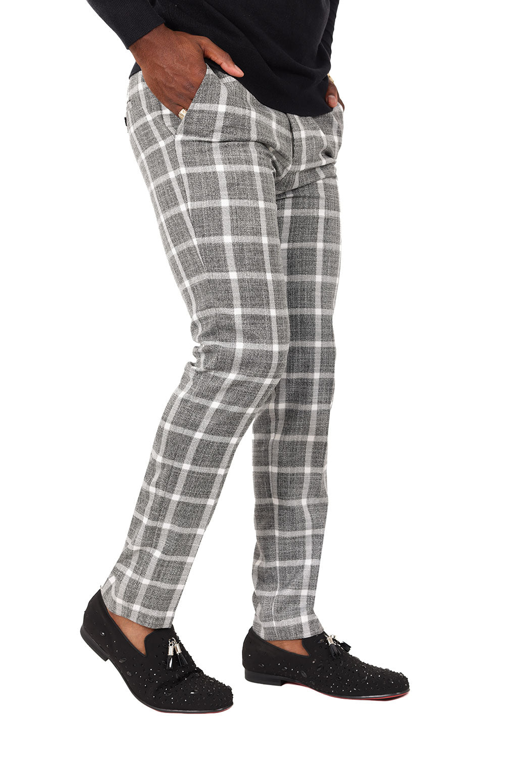 Barabas Men's Printed Checkered Plaid Design Chino Pants 2CP190 Grey White