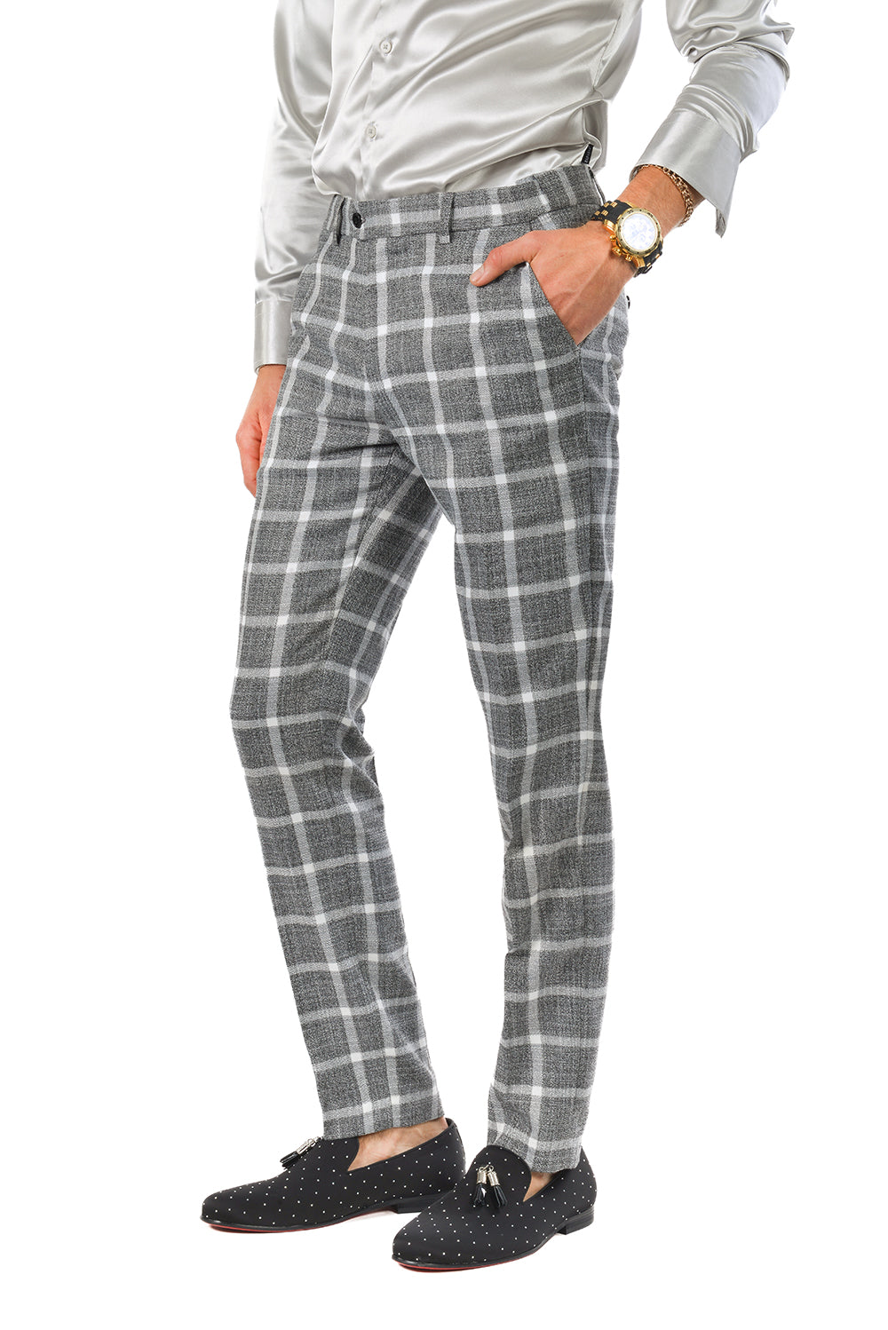 Barabas Men's Printed Checkered Plaid Design Chino Pants 2CP190 Grey White