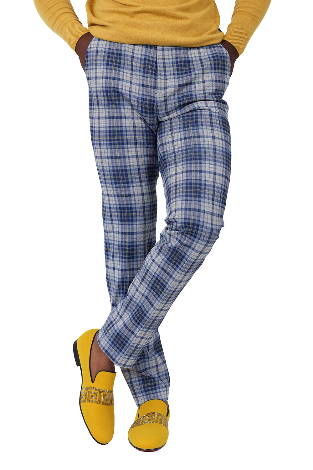 Barabas Men's Checkered Plaid Basic Chino Dress Pants 2CP191 Navy Mustard