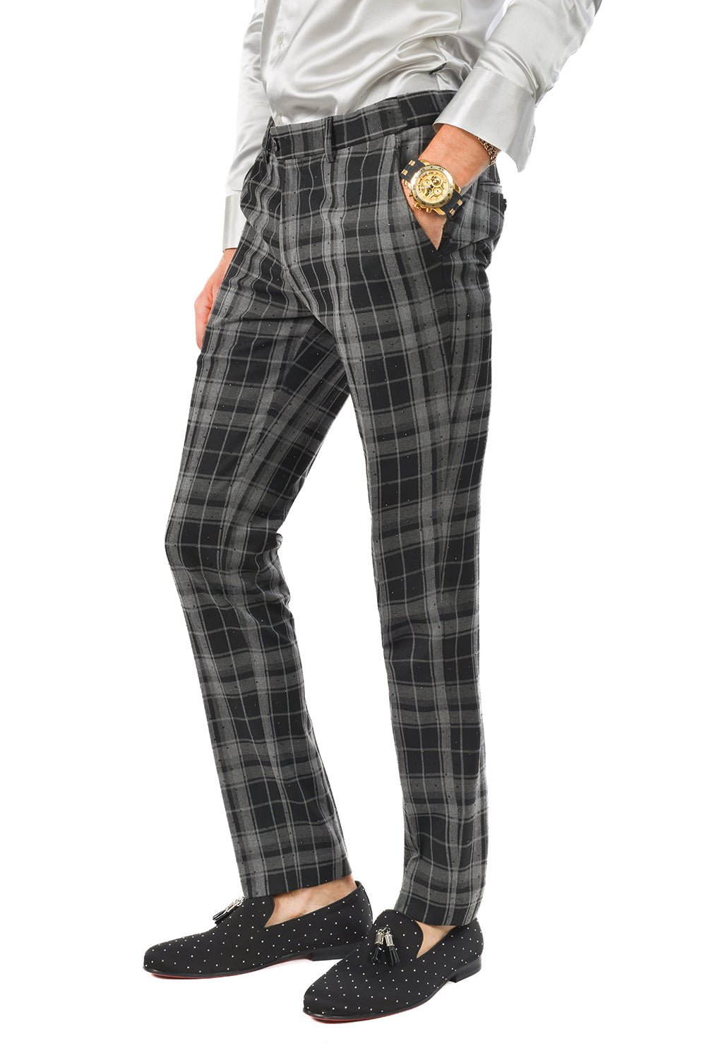 BARABAS men's plaid checkered Rhinestone chino dress pants 2CP193 Black Grey