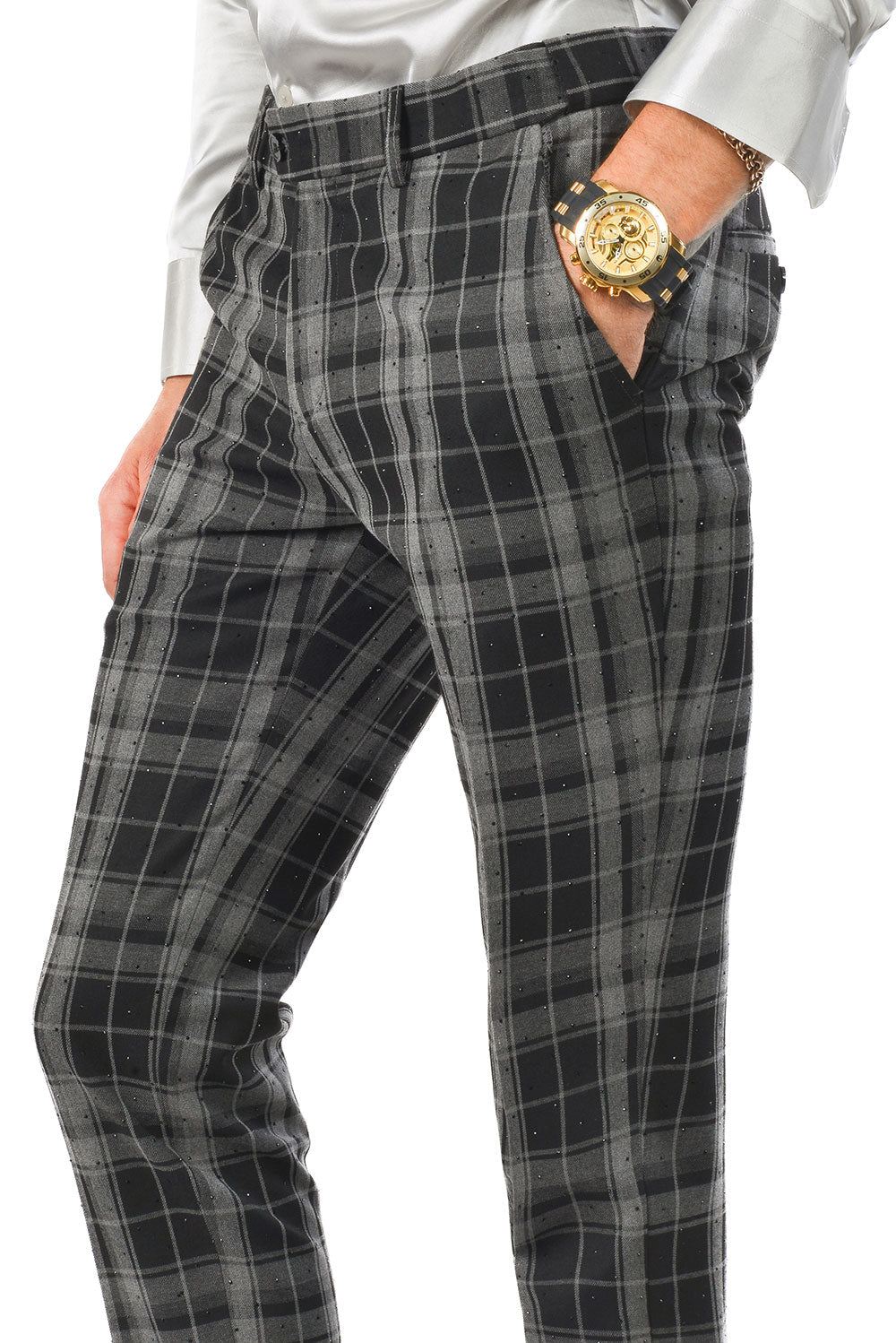 BARABAS men's plaid checkered Rhinestone chino dress pants 2CP193 Black Grey