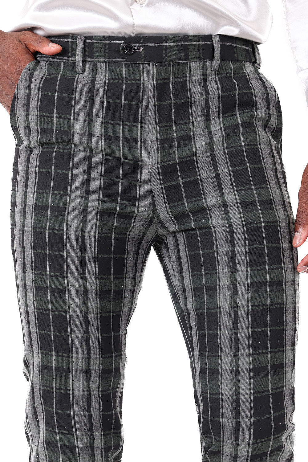 BARABAS men's plaid checkered Rhinestone chino dress pants 2CP193 Black Green