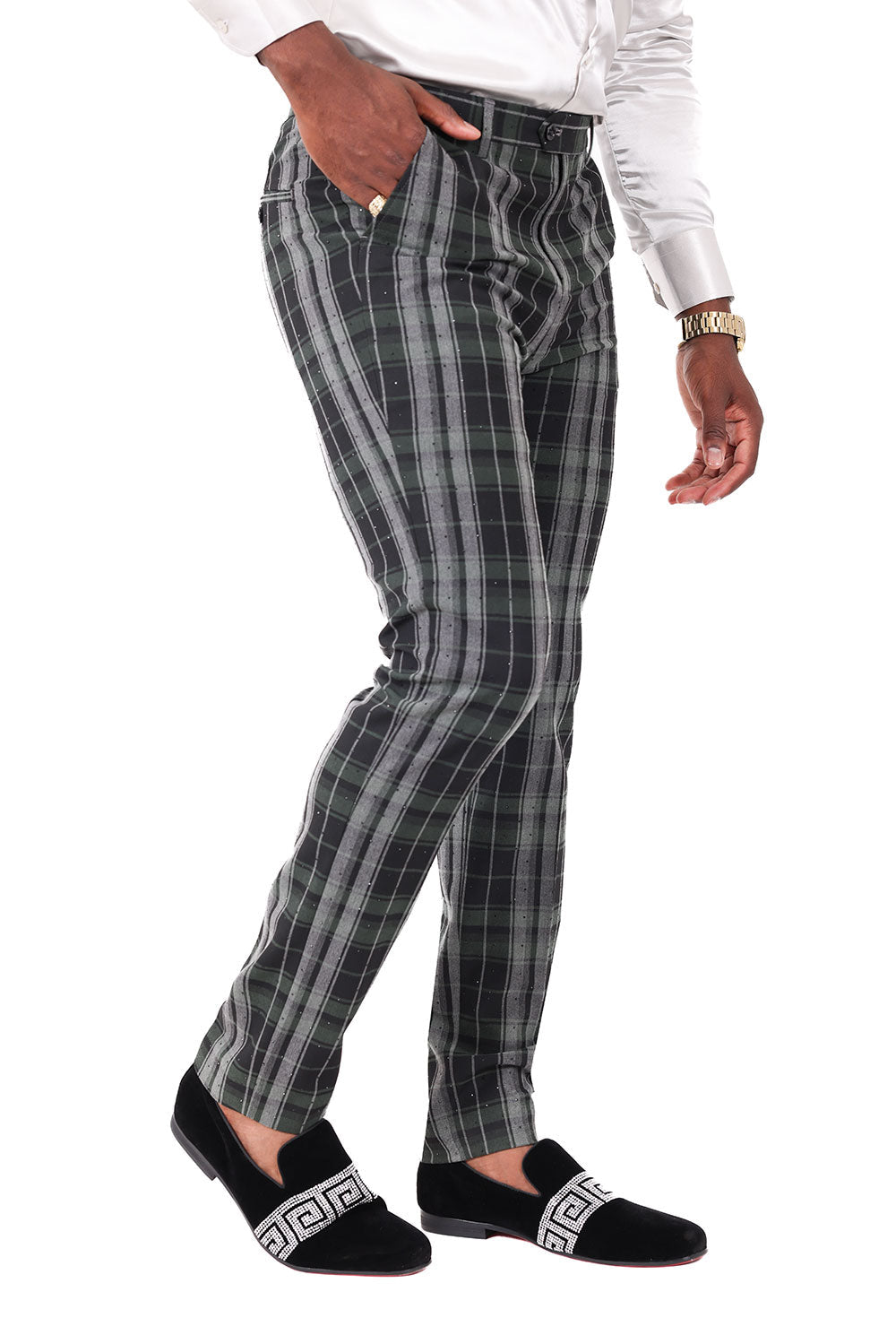 BARABAS men's plaid checkered Rhinestone chino dress pants 2CP193 Black Green