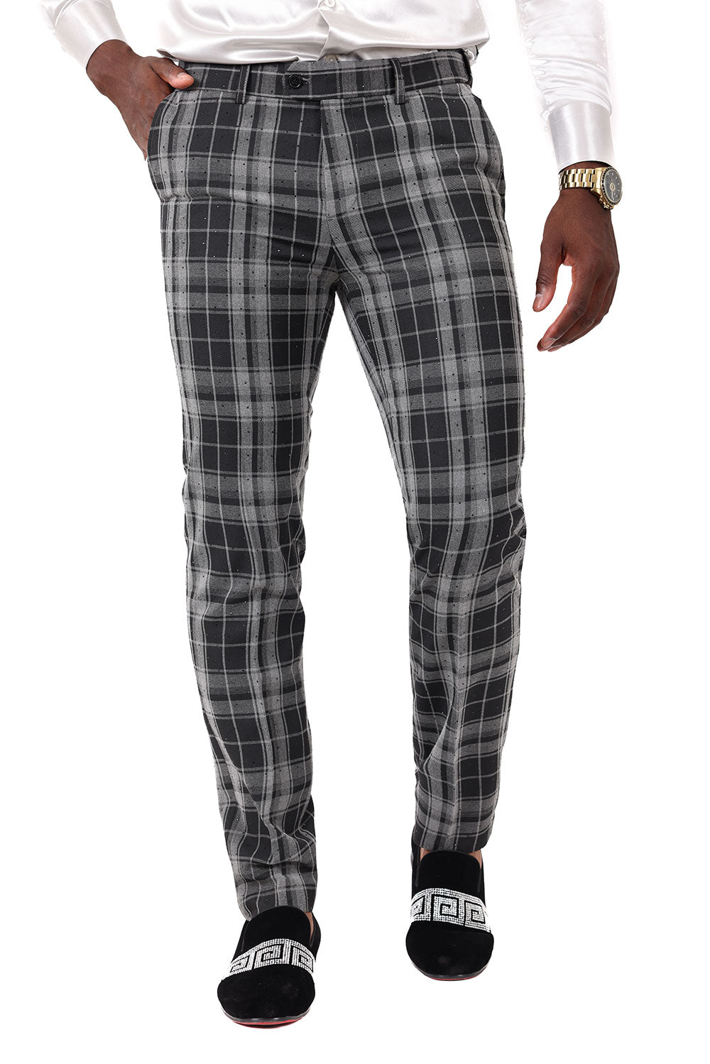 BARABAS men's plaid checkered Rhinestone chino dress pants 2CP193 Black Grey