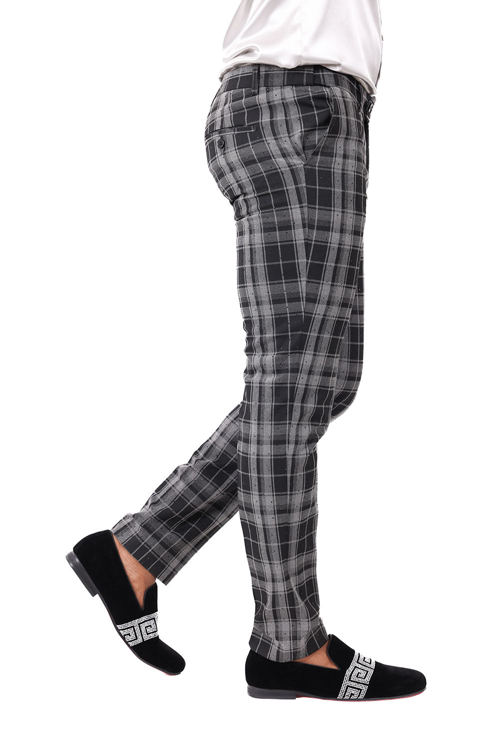 BARABAS men's plaid checkered Rhinestone chino dress pants 2CP193 Black Grey