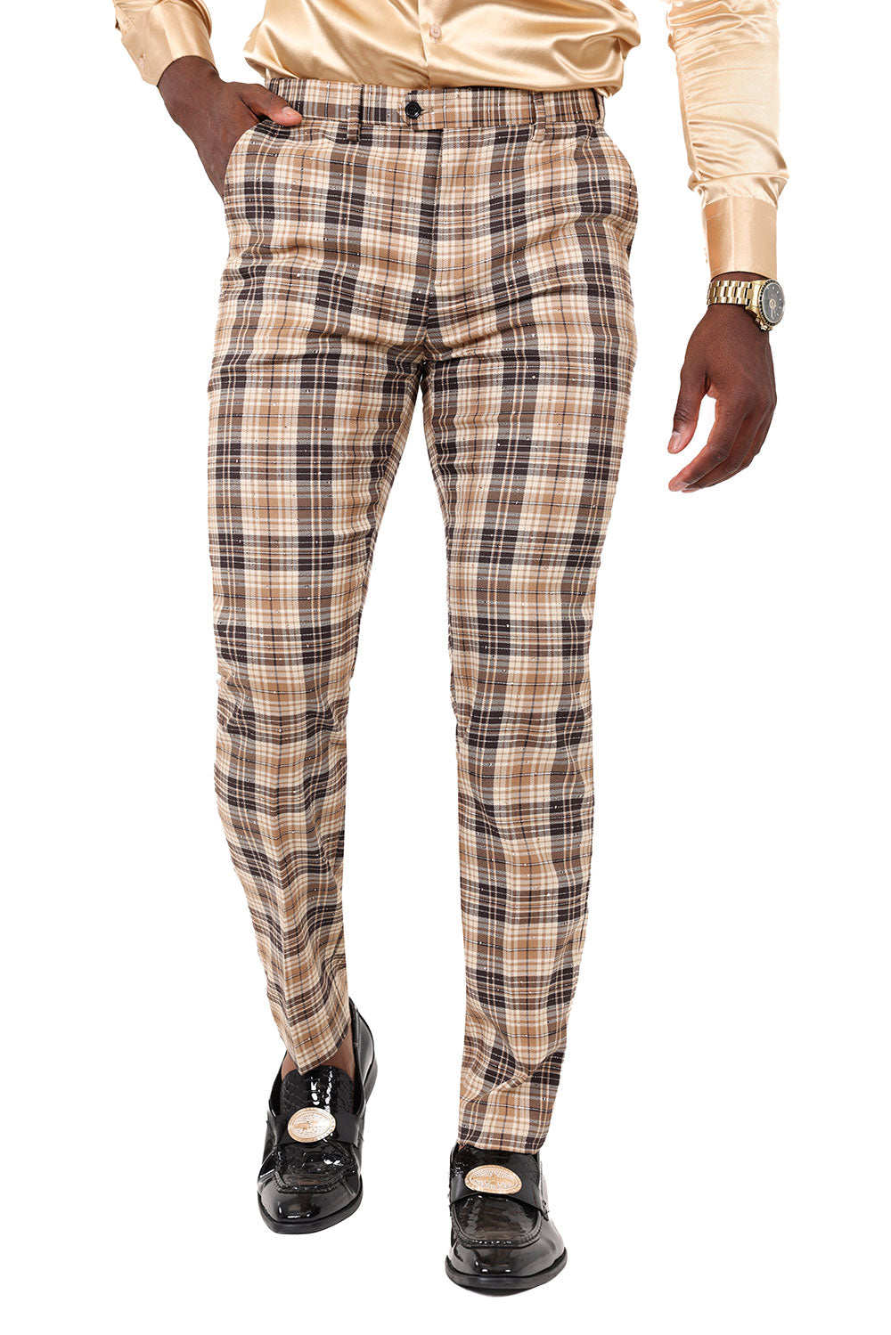 Barabas Men's Printed Checkered Design Rhinestone Chino Pants 2CP210 Camel