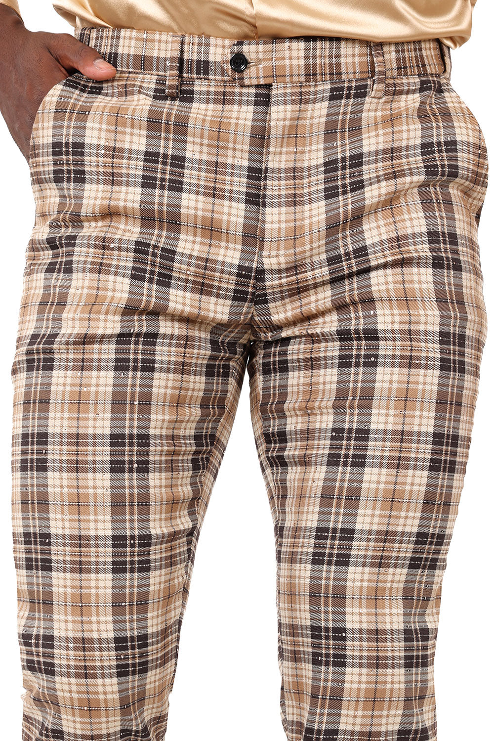 Barabas Men's Printed Checkered Design Rhinestone Chino Pants 2CP210 Camel