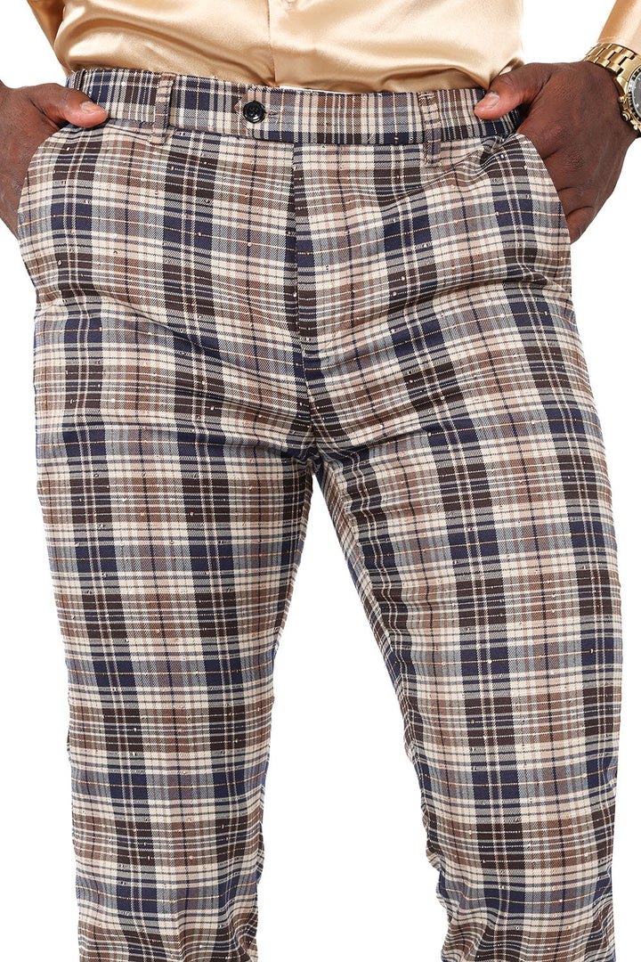 Barabas Men's Printed Checkered Design Rhinestone Chino Pants 2CP210 Navy Brown
