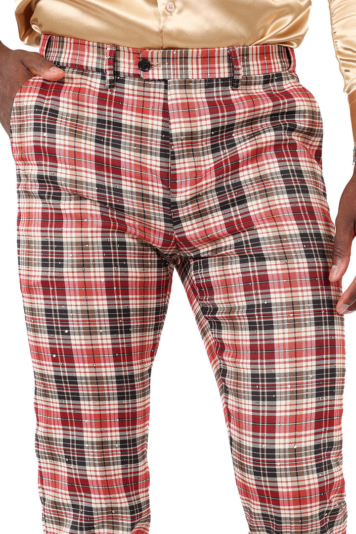 Barabas Men's Printed Checkered Design Rhinestone Chino Pants 2CP210 Red Black