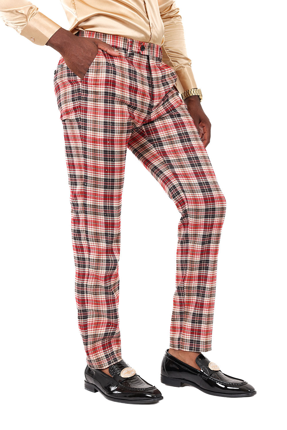 Barabas Men's Printed Checkered Design Rhinestone Chino Pants 2CP210 Red Black