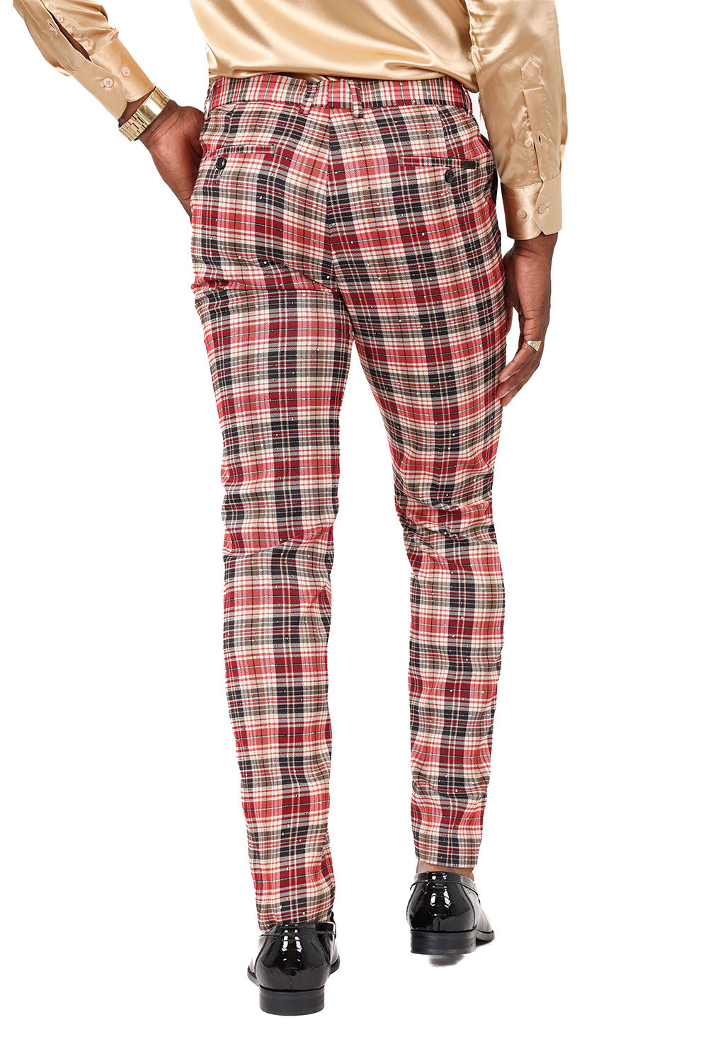 Barabas Men's Printed Checkered Design Rhinestone Chino Pants 2CP210 Red Black