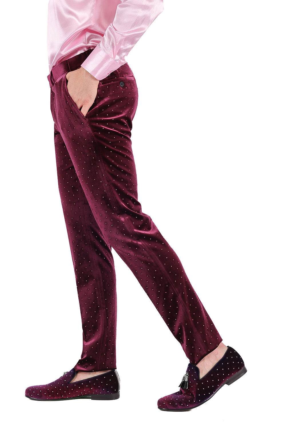 Barabas Men's Rhinestone Velvet Slim Fit Chino Dress Pants 2CP3020 Wine