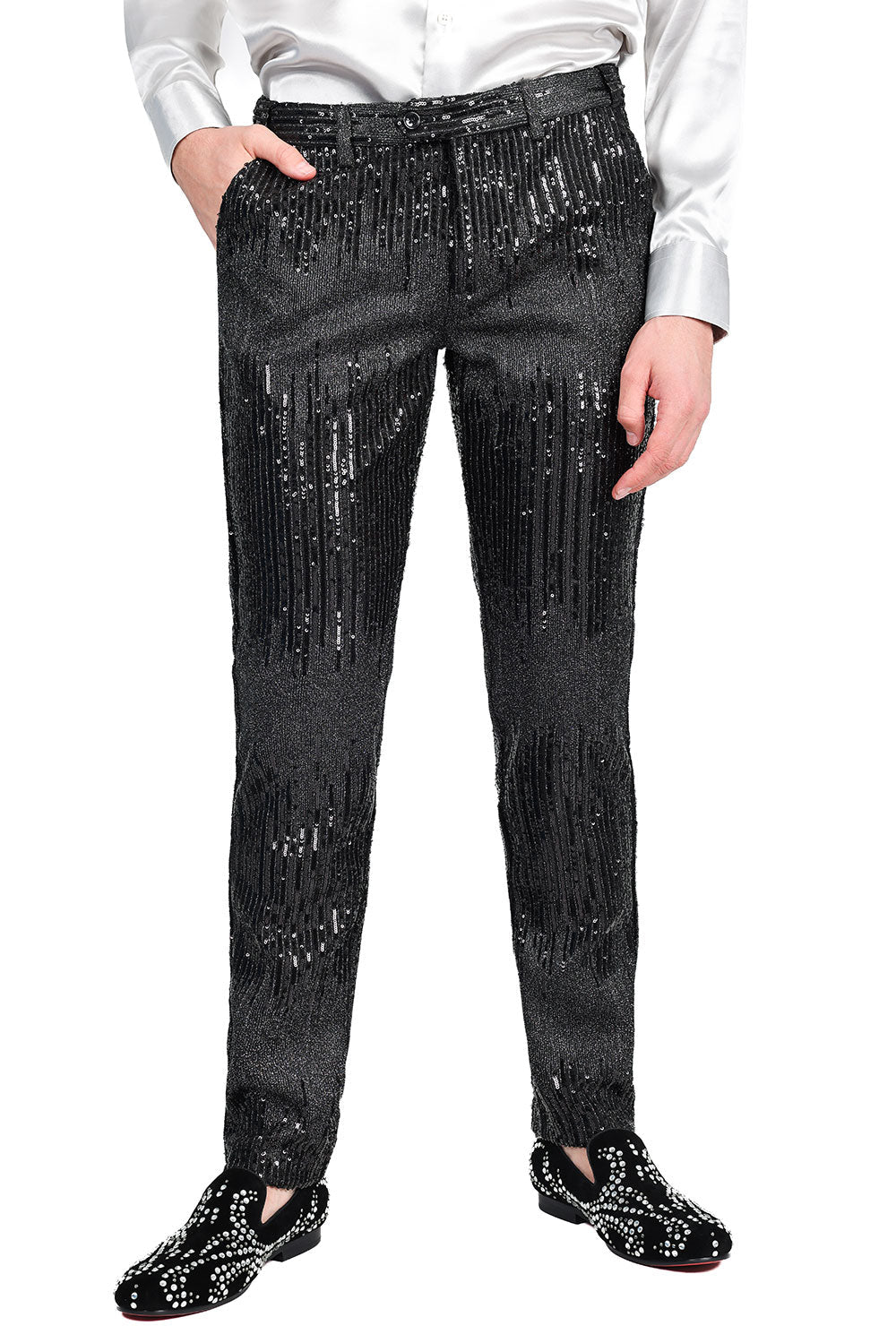 BARABAS Men's Rhinestone Sequin Design Shiny Luxury Pants CP3085 Black