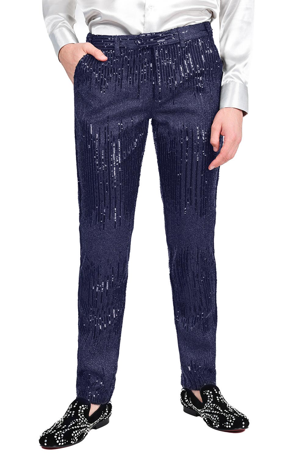 BARABAS Men's Rhinestone Sequin Design Shiny Luxury Pants CP3085 Navy