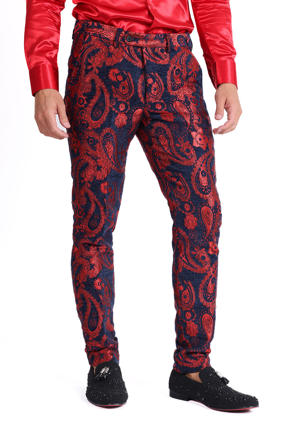 Barabas Men's Paisley Floral Print Design Luxury Pants 2CP3101 Red Navy