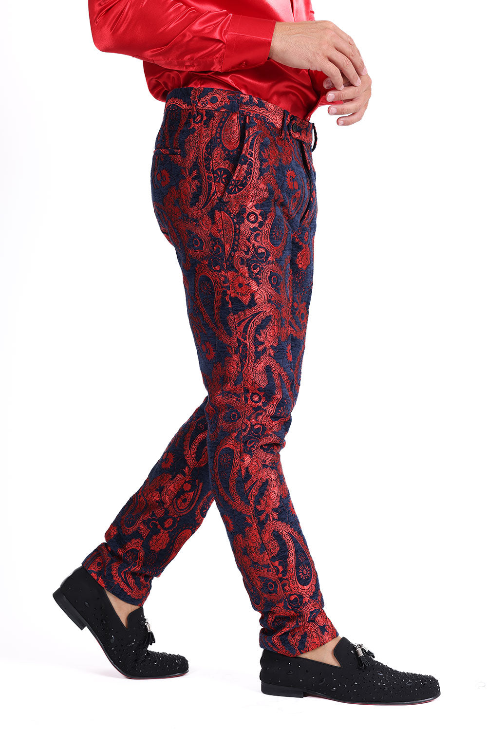 Barabas Men's Paisley Floral Print Design Luxury Pants 2CP3101 Red Navy