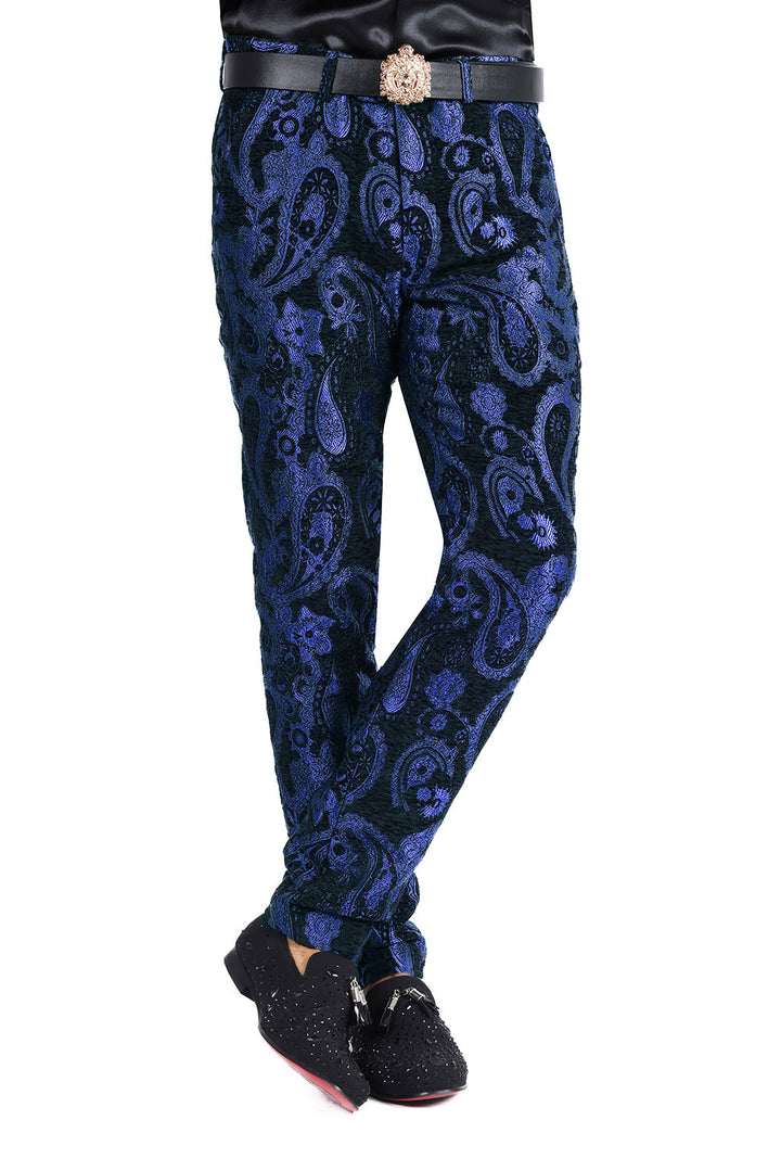 Barabas Men's Paisley Floral Print Design Luxury Pants 2CP3101 Royal Black