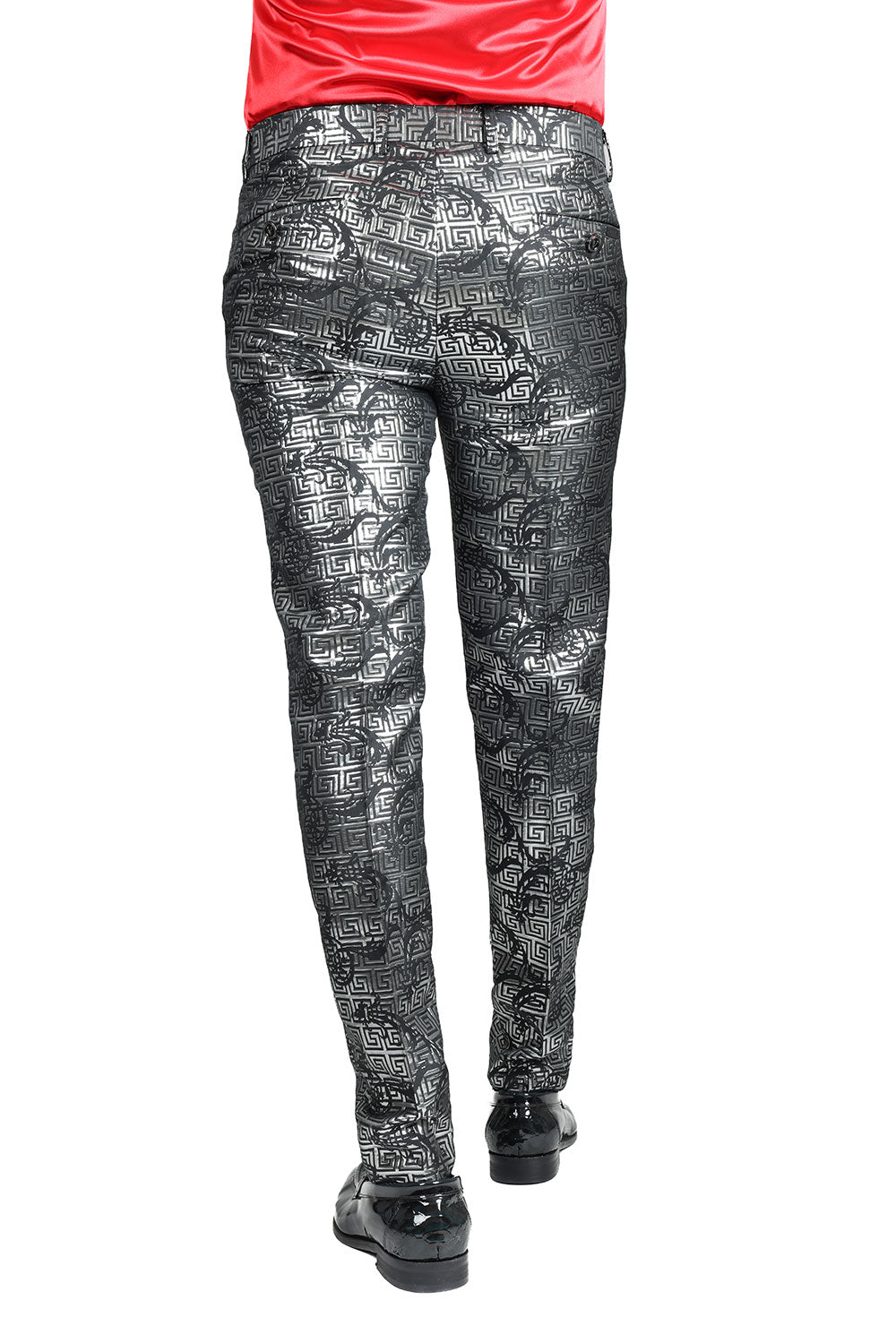 Barabas Men's Shiny Greek Fret Prints Design Chino Pants 2CP3102 Black Silver