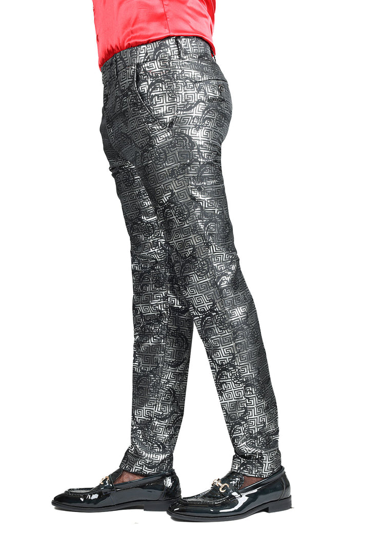 Barabas Men's Shiny Greek Fret Prints Design Chino Pants 2CP3102 Black Silver