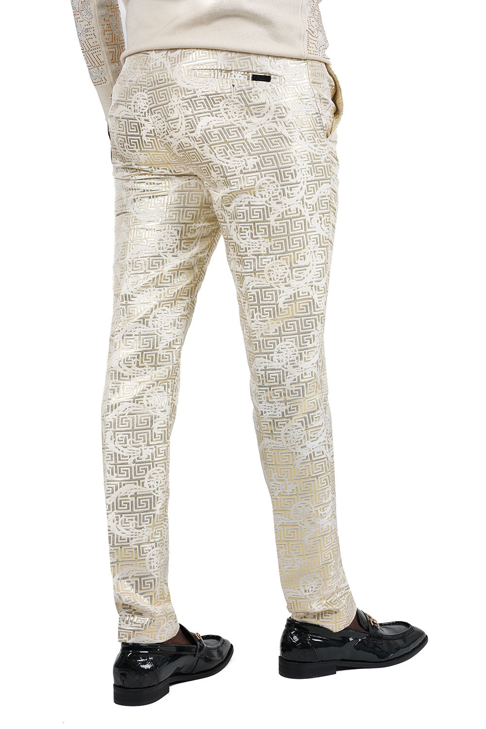 Barabas Men's Shiny Greek Fret Prints Design Chino Pants 2CP3102 Gold Cream