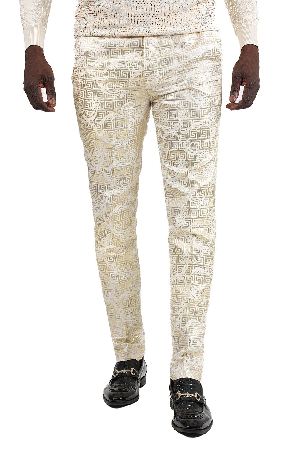 Barabas Men's Shiny Greek Fret Prints Design Chino Pants 2CP3102 Gold Cream