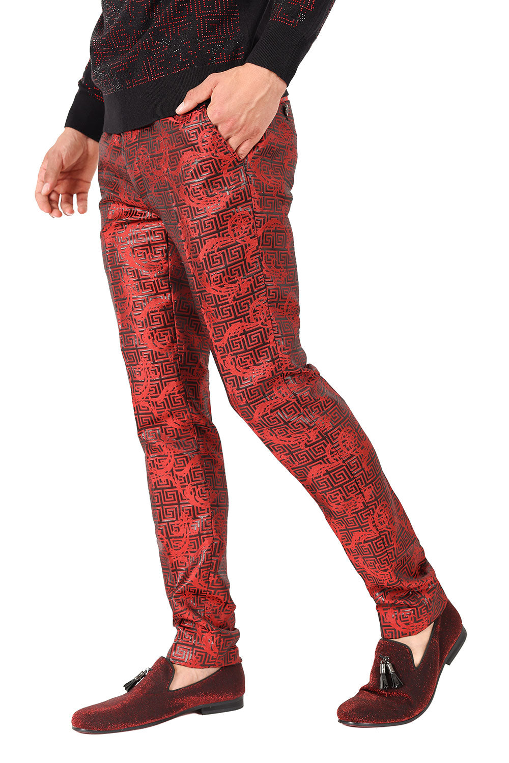 Barabas Men's Shiny Greek Fret Prints Design Chino Pants 2CP3102 Red Black