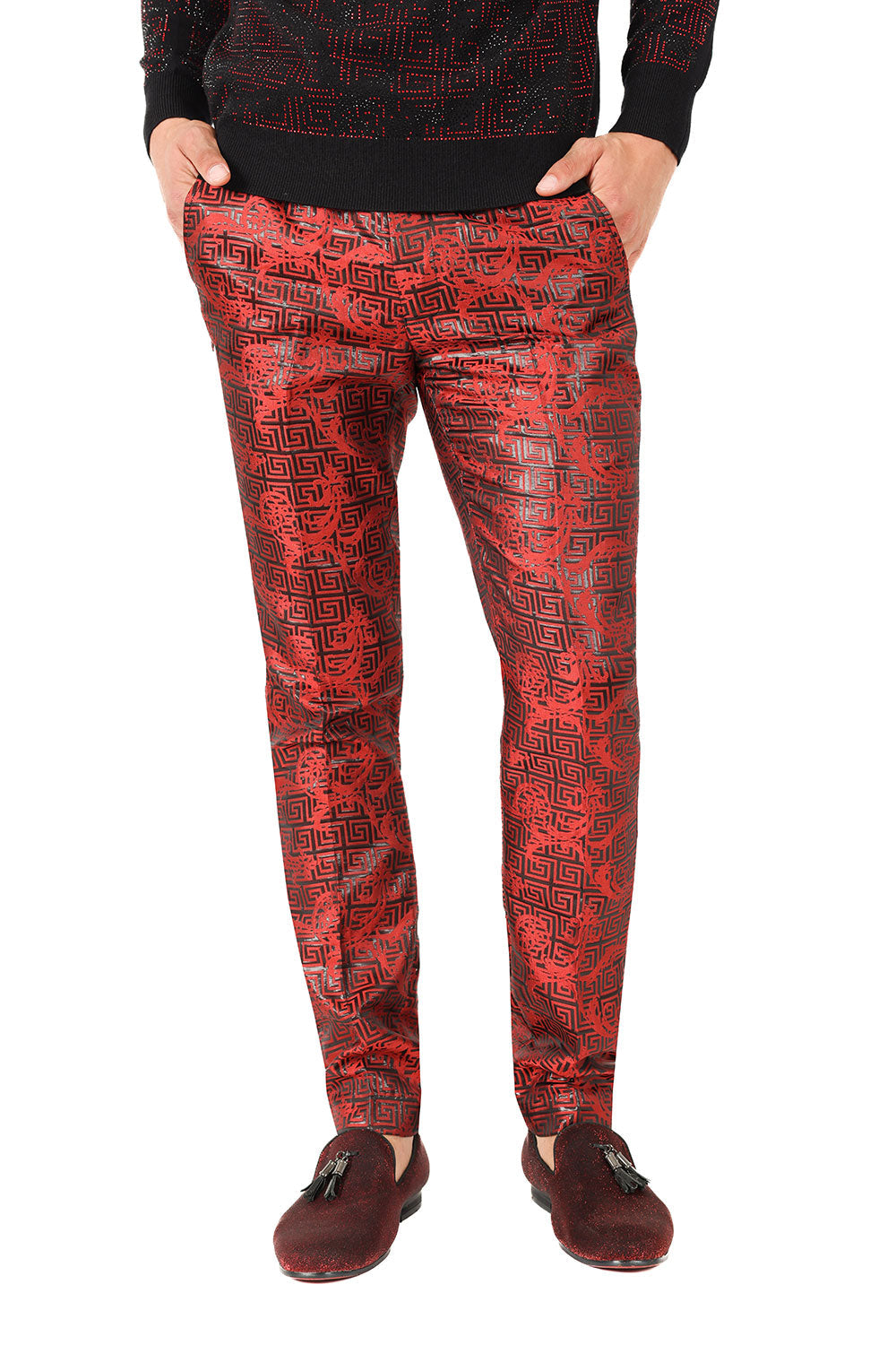 Barabas Men's Shiny Greek Fret Prints Design Chino Pants 2CP3102 Red Black