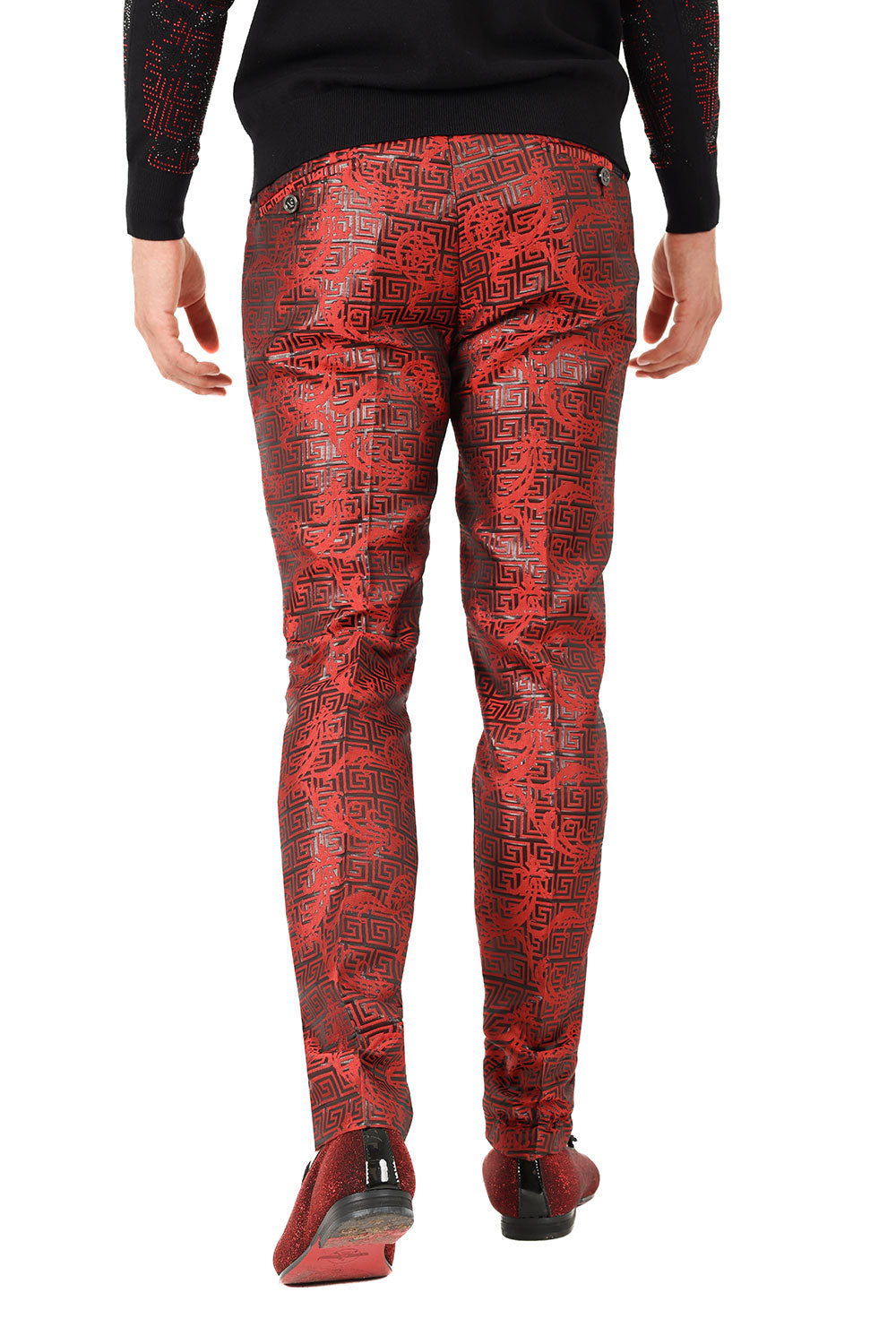 Barabas Men's Shiny Greek Fret Prints Design Chino Pants 2CP3102 Red Black