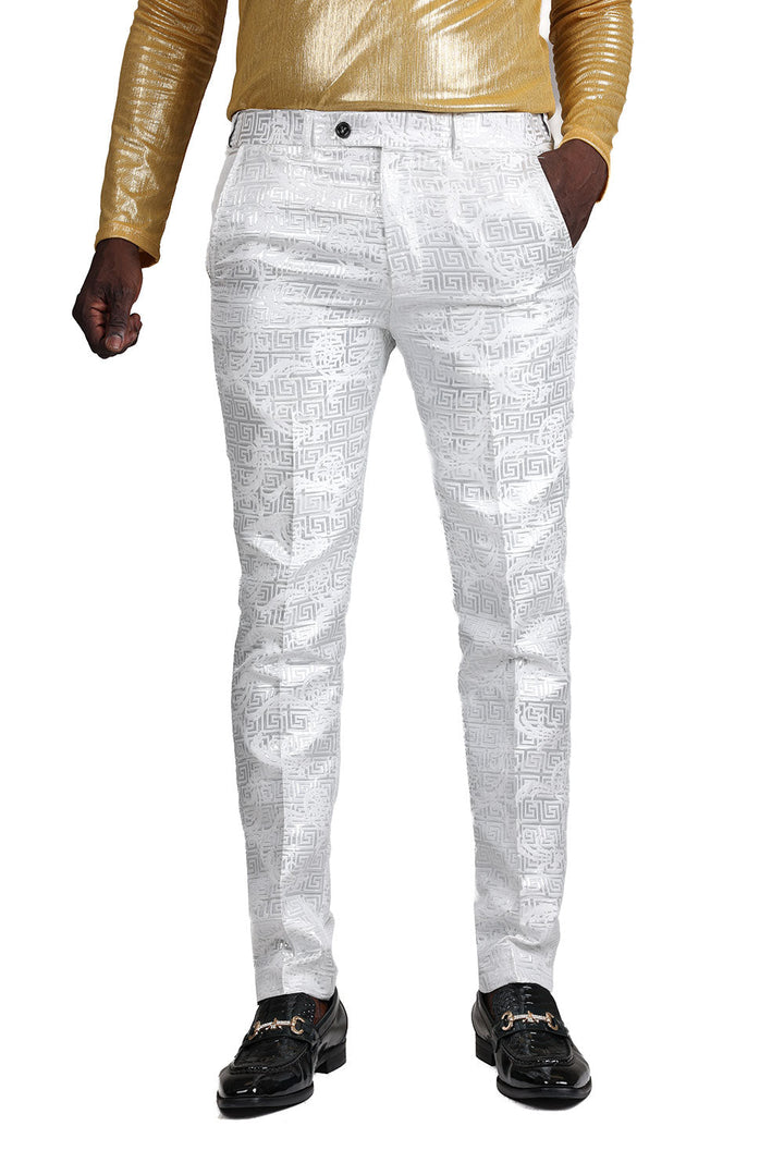 Barabas Men's Shiny Greek Fret Prints Design Chino Pants 2CP3102 White Silver
