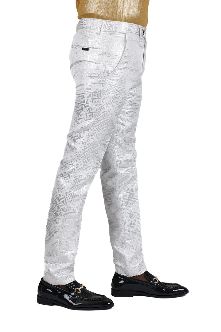 Barabas Men's Shiny Greek Fret Prints Design Chino Pants 2CP3102 White Silver