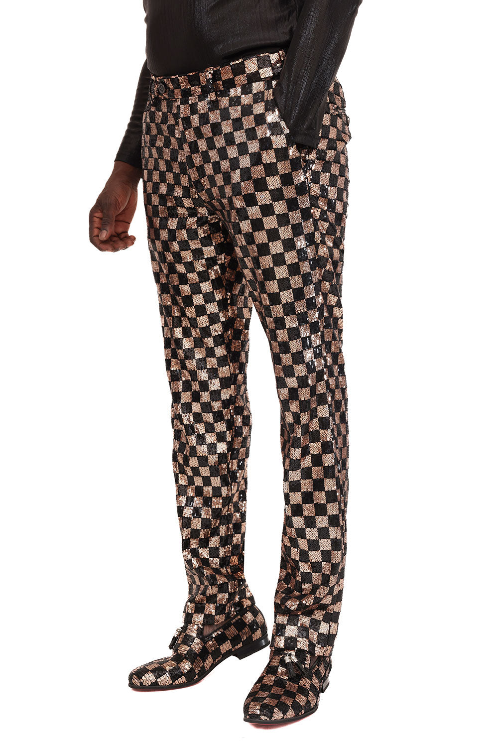 Barabas Men's Sequin Checkered Plaid Shiny Chino Pants 2CP3104 Gold Black