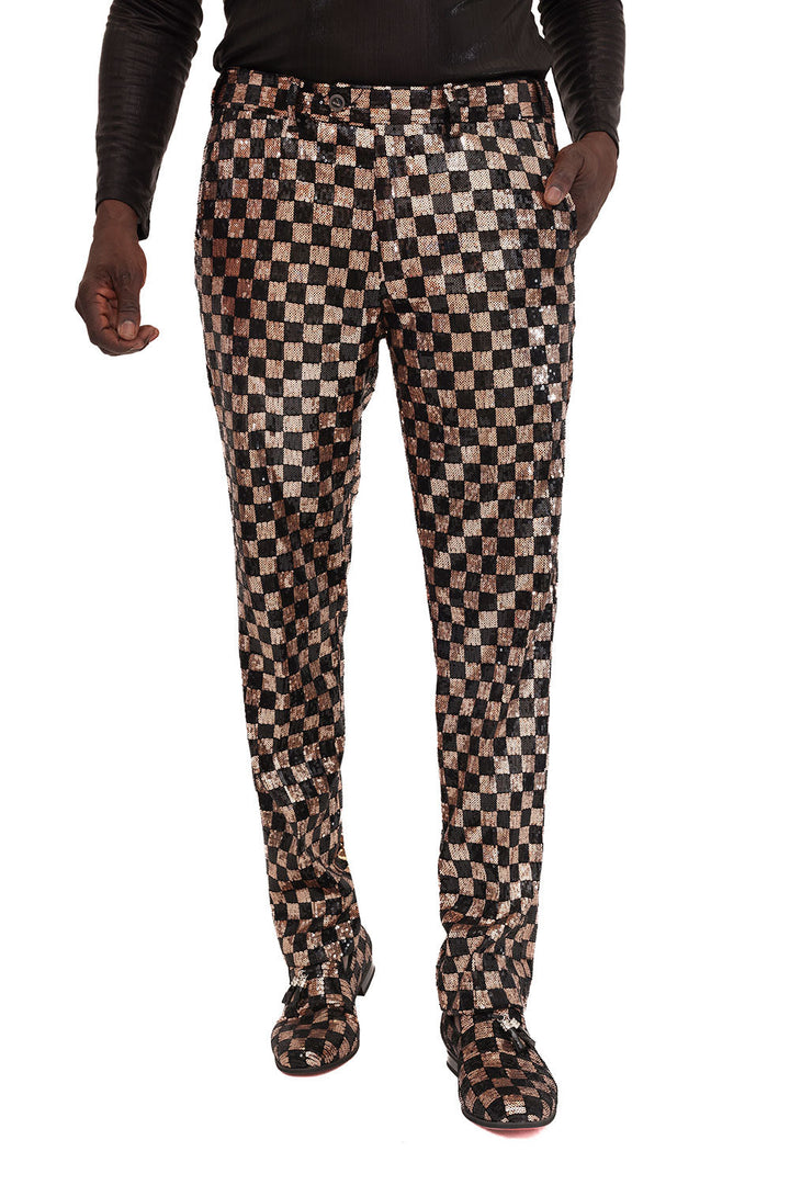 Barabas Men's Sequin Checkered Plaid Shiny Chino Pants 2CP3104 Gold Black