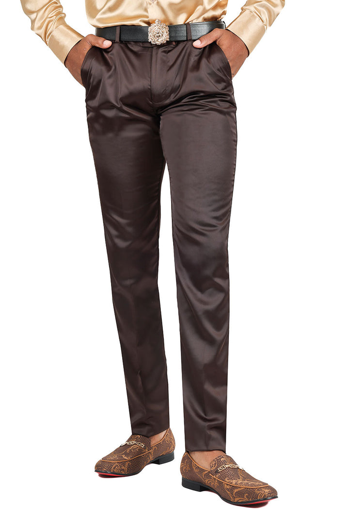 Barabas Men's Satin Solid Design Shiny Luxury Chino Pants 2CP3114 Brown