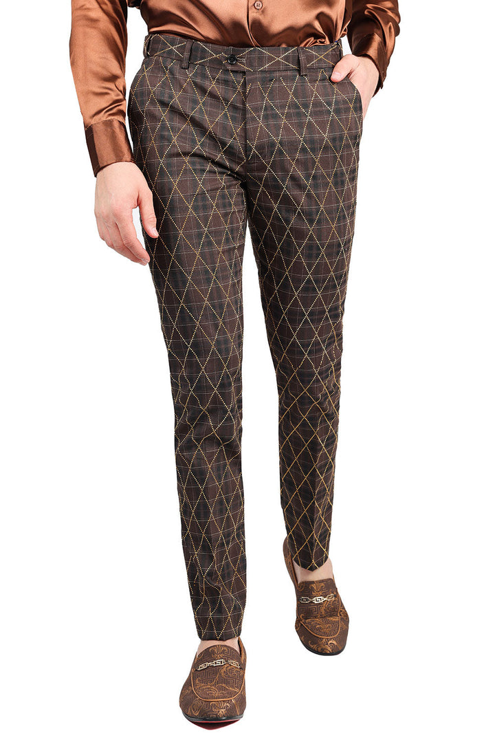 Barabas Men's Rhinestone Checkered Plaid Chino Dress Pants 2CPR1 Brown