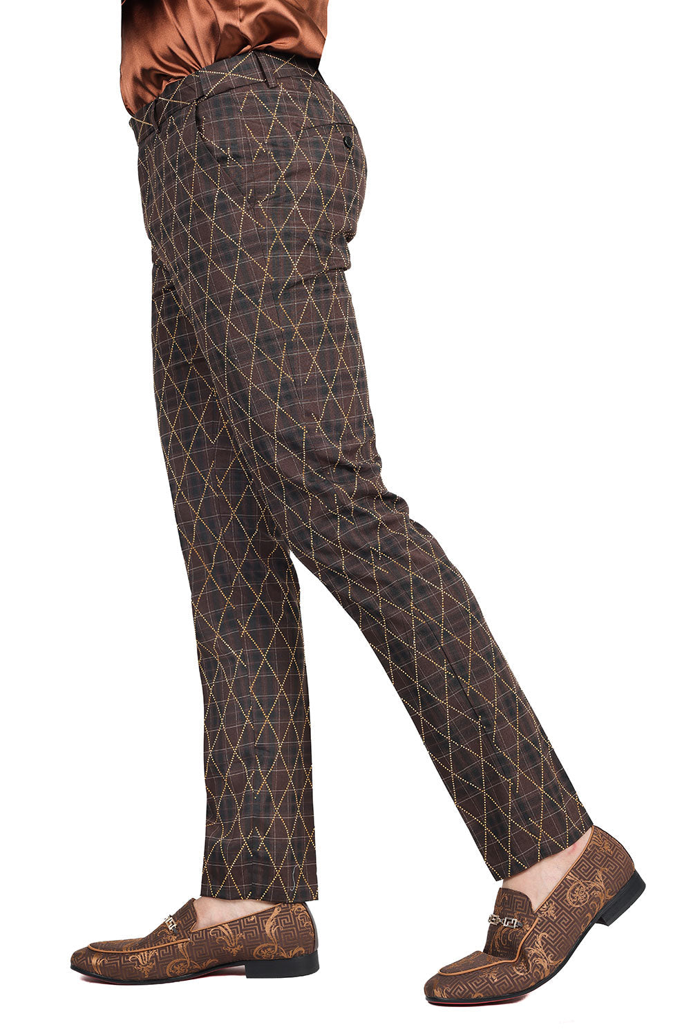 Barabas Men's Rhinestone Checkered Plaid Chino Dress Pants 2CPR1 Brown