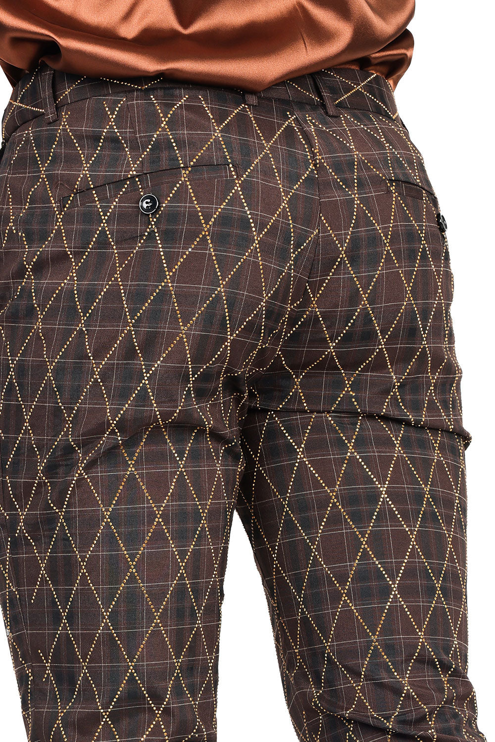 Barabas Men's Rhinestone Checkered Plaid Chino Dress Pants 2CPR1 Brown