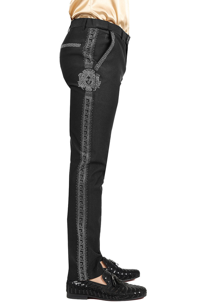 Barabas Men's Medusa Greek Key Pattern Rhinestone Dress Pants 2CPR12 Black and Silver