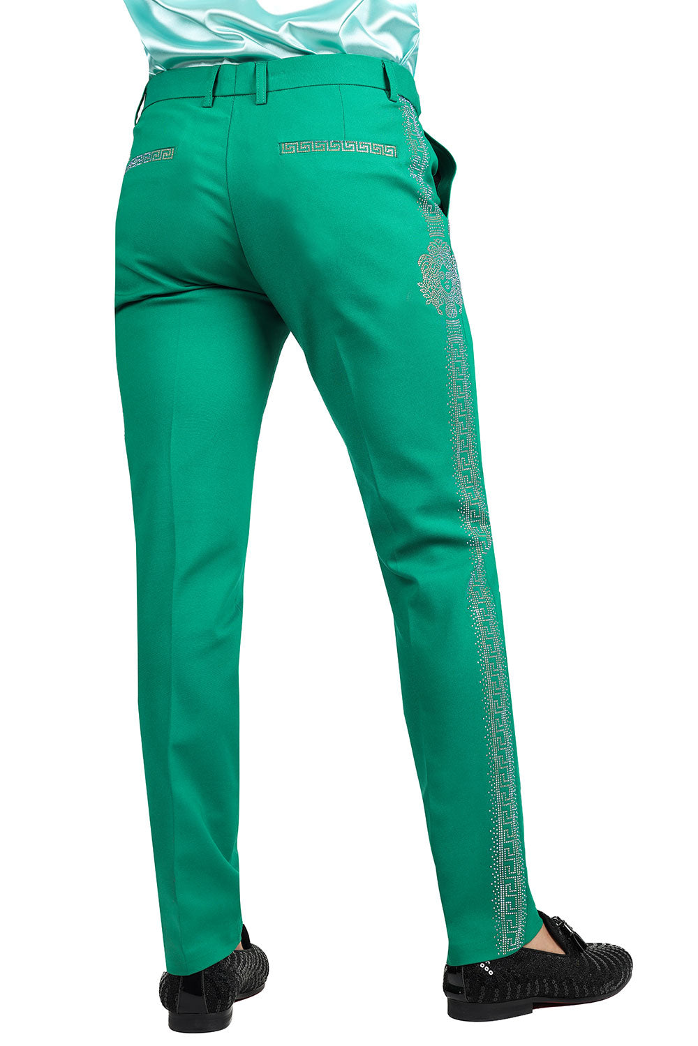 Barabas Men's Medusa Greek Key Pattern Rhinestone Dress Pants 2CPR12 Green and Green