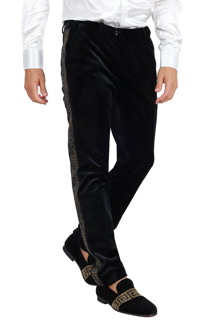Barabas Men's Dress Velvet Rhinestone Greek Key Luxury Pants 2CPR3 Black Gold