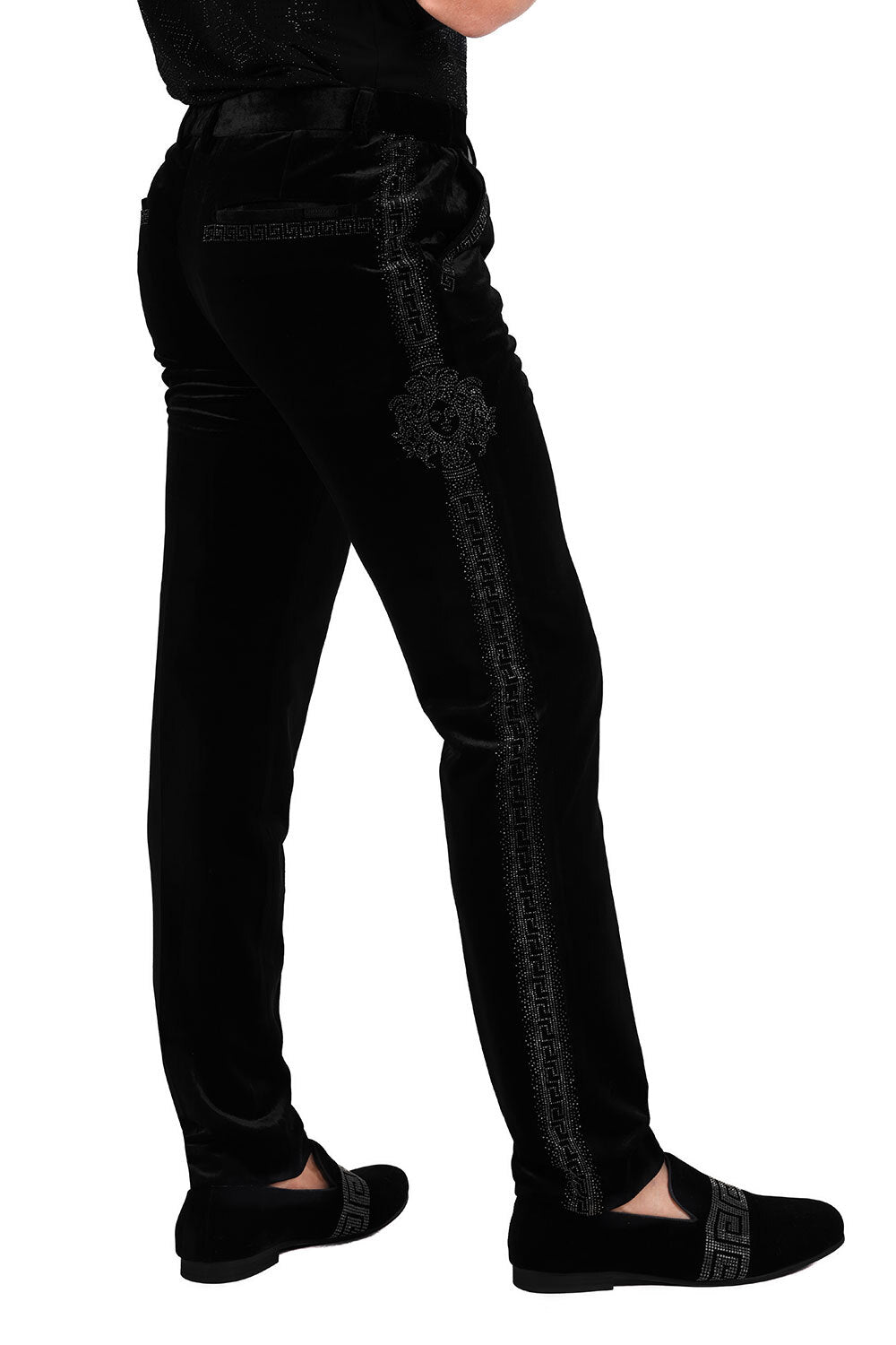 Barabas Men's Medusa Greek key Print Rhinestones Velvet Pants 2CPV10 Black and Silver