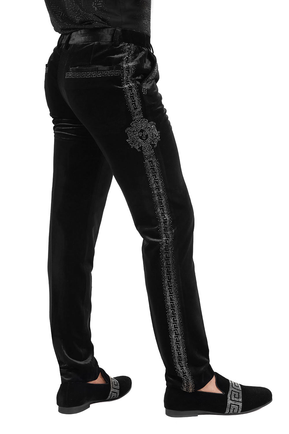 Barabas Men's Medusa Greek key Print Rhinestones Velvet Pants 2CPV10 Black and Silver