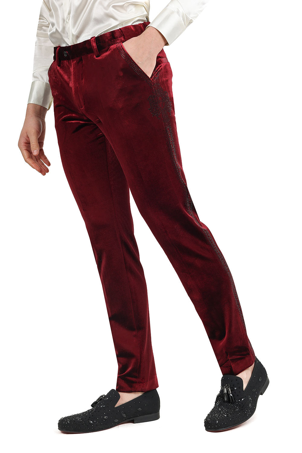 Barabas Men's Medusa Greek Key Print Rhinestones Velvet Pants 2CPV10 Burgundy