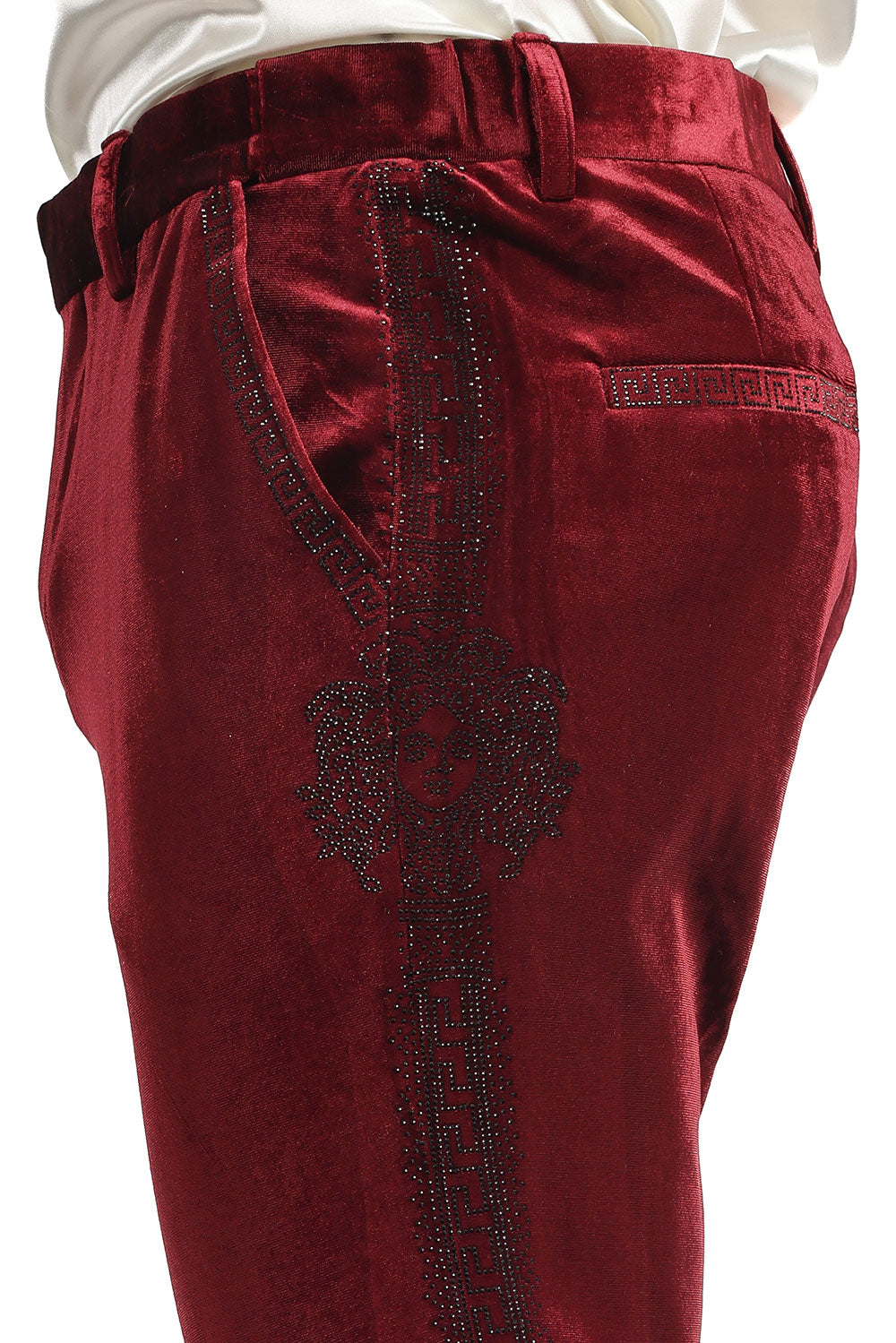 Barabas Men's Medusa Greek Key Print Rhinestones Velvet Pants 2CPV10 Burgundy