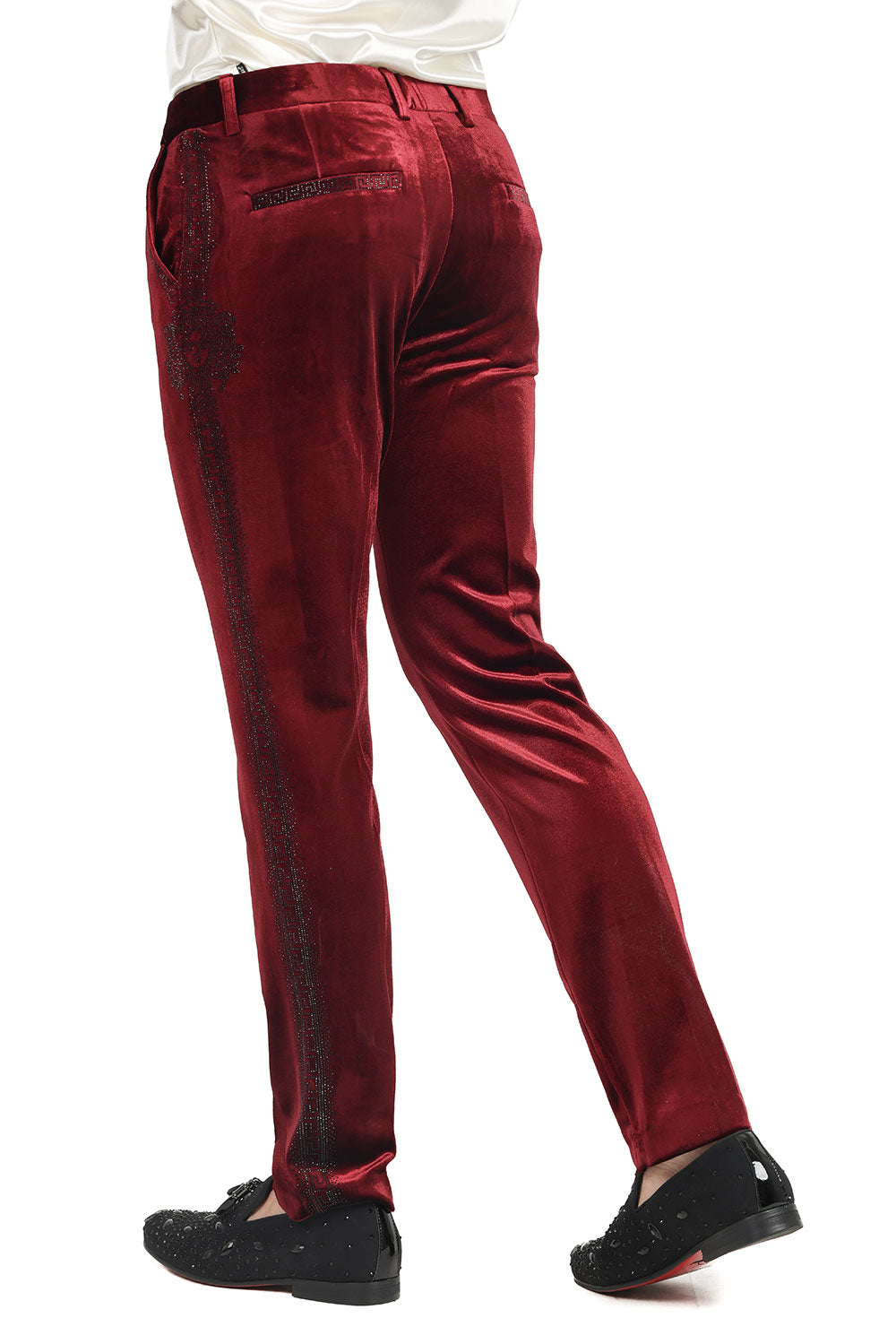 Barabas Men's Medusa Greek Key Print Rhinestones Velvet Pants 2CPV10 Burgundy