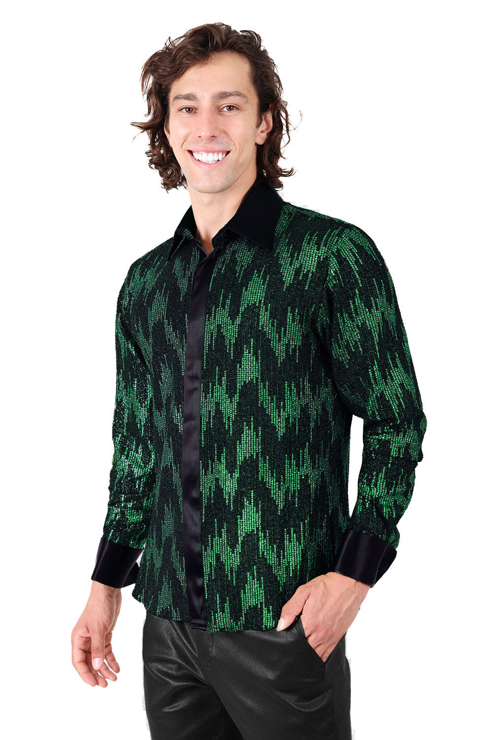 Barabas Men's French Cuff Glitter Stripped Button Down Shirt 2FCS1000  Black Green