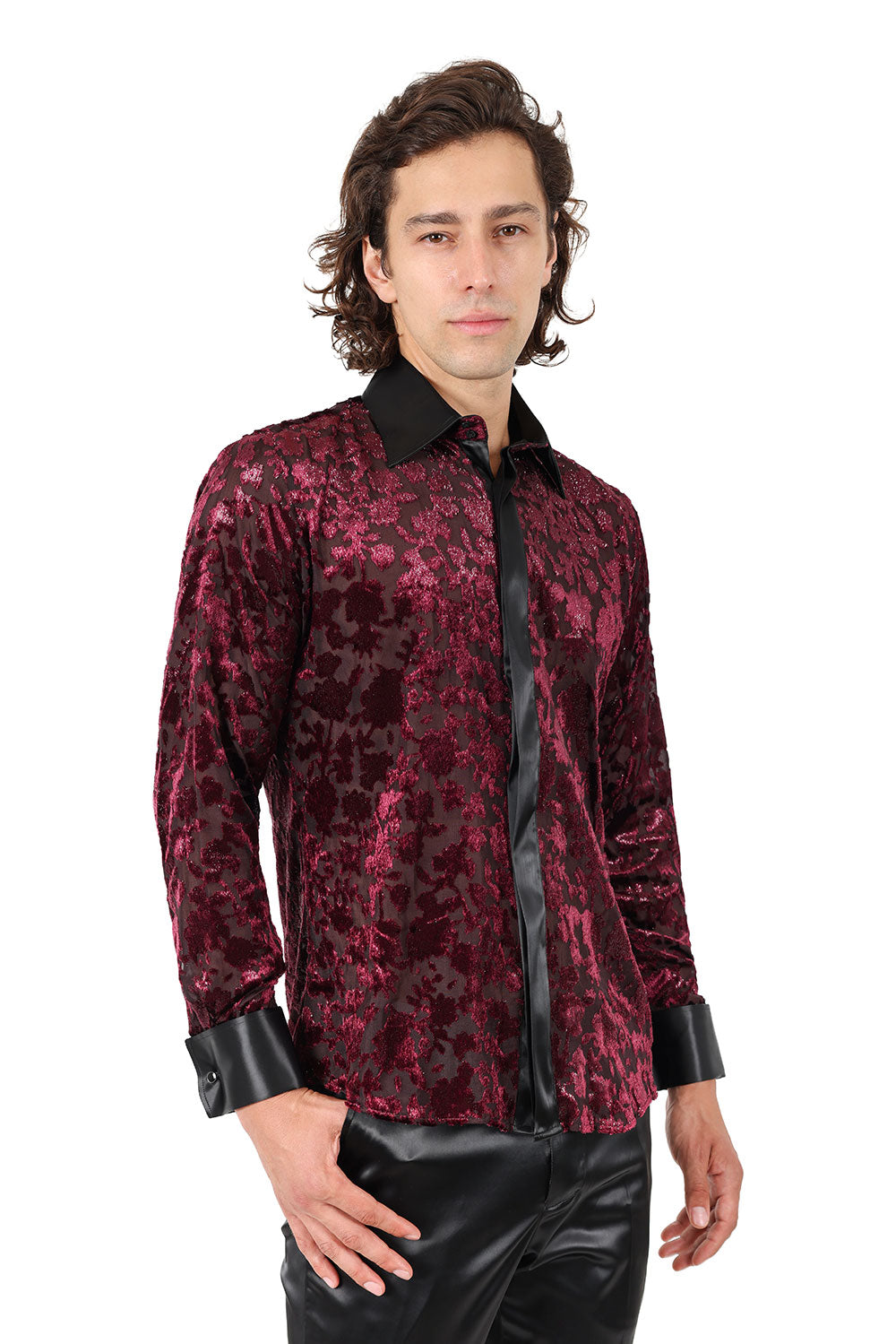 Barabas Men's Luxury French Cuff Long Sleeve Button Down Shirt FCS1003 Burgundy Black